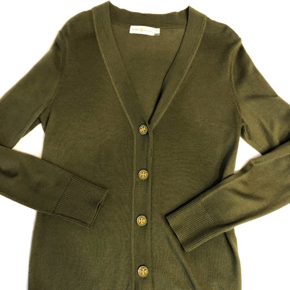 Tory Burch Merino wool olive cardigan gold buttons